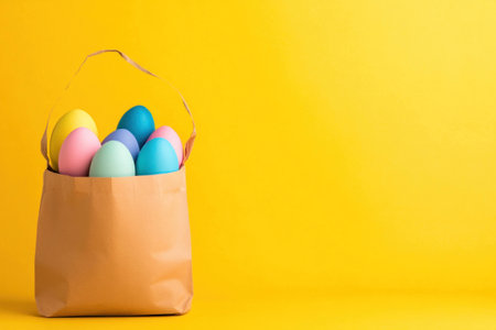 Vibrant colored Easter eggs in a brown paper bag on a bright yellow background, perfect for spring celebrations and holiday decorの素材