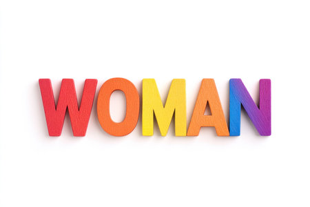 Colorful wooden letters spelling WOMAN , representing empowerment and equality, perfect for campaigns on women s issues and gender equalityの素材