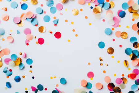 Colorful confetti in vibrant hues creates a festive atmosphere, perfect for celebrations, events, and parties, enriching the visual appeal with diverse shapesの素材