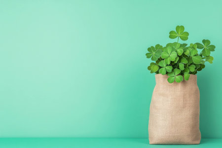 Fresh green shamrock plant in a burlap sack against a vibrant mint background, symbolizing good luck and nature s beautyの素材