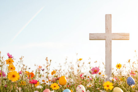 Bright Easter scene with colorful eggs and a wooden cross surrounded by blooming flowers, symbolizing renewal and hope during springtime celebrationsの素材