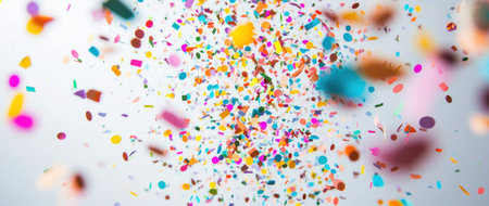 Colorful confetti falling against a light background, creating a festive atmosphere perfect for celebrations, parties, and eventsの素材