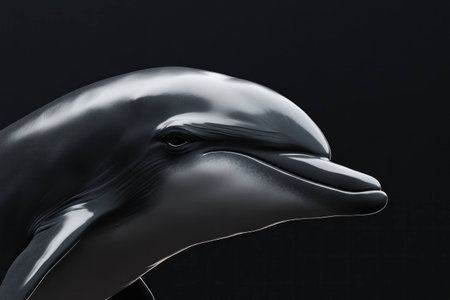 Realistic D dolphin head illustration showcasing its sleek features, set against a minimalist black background, symbolizing marine beauty and animal behaviorの素材