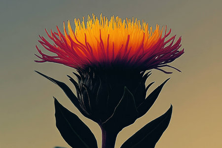 Vibrant sunset flower with fiery orange and yellow petals against a soft gradient background, symbolizing beauty and nature s tranquilityの素材