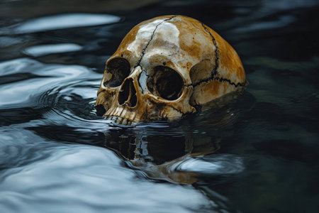 A realistic human skull floating in dark water, showcasing intricate details and textures, evokes mystery and contemplation in a moody atmosphereの素材
