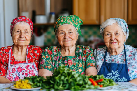 Three elderly women in traditional clothing smiling together in a rustic kitchen, showcasing healthy eating with fresh vegetables and vibrant colorsの素材