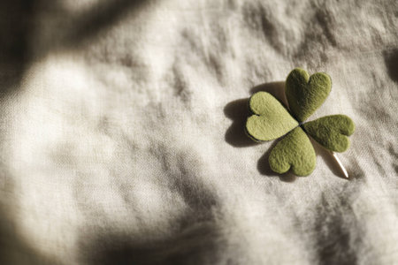 Close up of a green felt four leaf clover on a textured fabric background, symbolizing good luck and positivity in nature inspired decorの素材