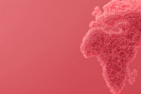 Abstract representation of the world with a focus on Africa, featuring a web of interconnected lines in shades of red, symbolizing unity and connectivityの素材