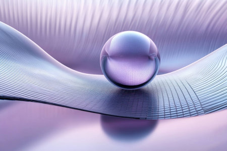 Abstract crystal sphere on flowing purple waves, creating a serene and modern aesthetic, reflecting light and colors stylishlyの素材