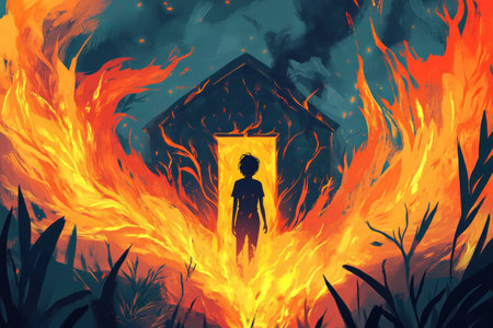 A silhouetted figure stands amidst fiery flames surrounding a dark, ominous house, evoking emotions of fear and tensionの素材
