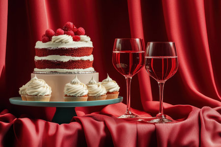 Beautiful red velvet cake with raspberries, accompanied by sweet cupcakes and two glasses of red wine, set against a rich red background for a festive celebrationの素材