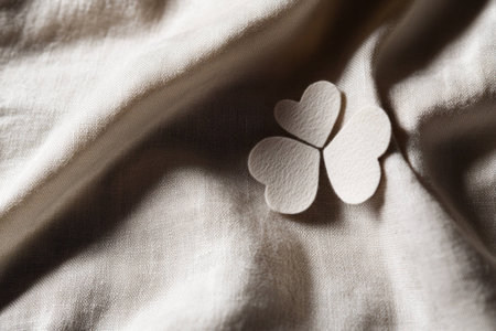 Soft beige textured fabric with three heart shaped cutouts symbolizing love and affection, perfect for romantic themes, weddings, and gentle connectionsの素材