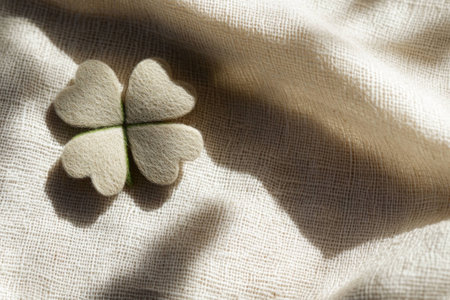A soft textured four leaf clover symbolizing luck and prosperity, resting on a gentle linen background, evoking a sense of tranquility and harmonyの素材