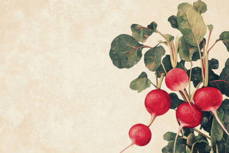 Fresh organic red radishes with green leaves on a subtle textured background, perfect for healthy eating concepts and food related designsの素材