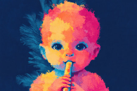 Colorful portrait of a joyful baby playing with a toy, expressing curiosity against a vibrant blue background, perfect for children s themes and creative projectsの素材
