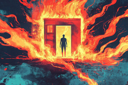 Silhouette of a person standing in a doorway engulfed in flames, representing struggle and transformation through adversityの素材