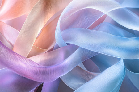 Soft pastel ribbons in flowing motion, showcasing a blend of lavender, pink, and blue hues, perfect for creative design backgrounds and seasonal decorの素材