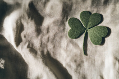 A lush green three leaf clover placed delicately on a soft white fabric background, symbolizing good fortune and nature s beauty in a serene, minimalist styleの素材