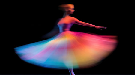 A graceful ballet dancer in a colorful swirling dress, showcasing motion and elegance against a dark background, evoking joy and artistryの素材