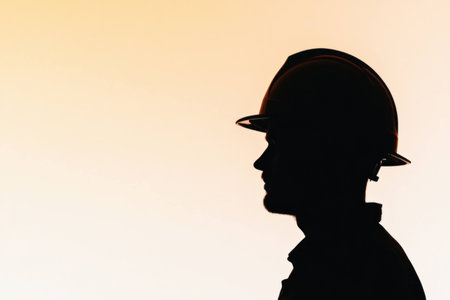 Silhouette of a construction worker wearing a hard hat against a warm sunset background, symbolizing safety and determination in the construction industryの素材