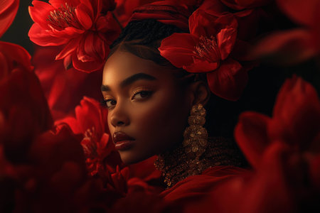 A stunning portrait of a model amidst vibrant red flowers, showcasing her ethereal beauty and intricate jewelry, reflecting themes of elegance and natureの素材