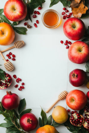 Fresh fruits and honey arranged in a seasonal layout, featuring apples, pomegranates, and honey, perfect for healthy eating concepts in autumnの素材