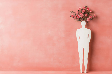 A minimalist silhouette figure adorned with vibrant roses on a soft pink background, symbolizing creativity and emotional wellness through floral designの素材