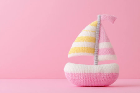 Soft knitted boat toy with a pink background, perfect for children s decor and baby shower gifts, featuring pastel colors and a cheerful designの素材