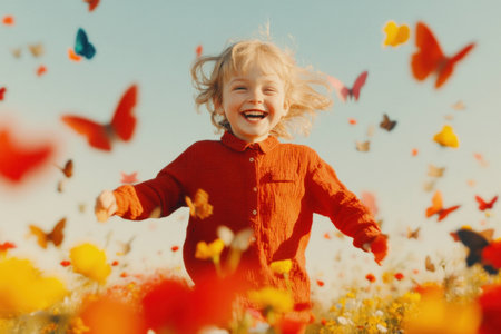 Happy child running in a flower field, surrounded by colorful butterflies, expressing joy and freedom in a bright spring settingの素材