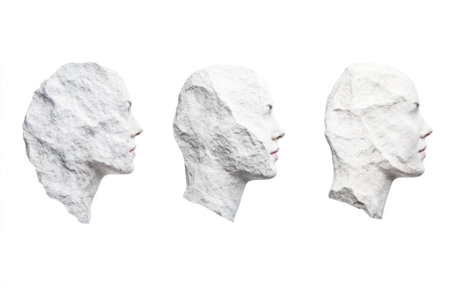 Abstract sculpture of human head profiles in white stone, representing beauty and transformation, perfect for creative projects on identity, emotion, and artの素材