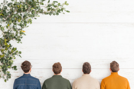 Four young men in stylish outfits facing a white wooden wall, surrounded by greenery, reflecting friendship and unity in modern lifestyleの素材