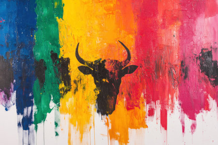 Colorful abstract painting featuring a bold bull silhouette on a vibrant background of multicolored drips representing freedom and strengthの素材