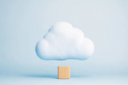 Soft and fluffy cloud illustration on a wooden base, showcasing creativity and tranquility against a pastel blue background, perfect for themes of imagination and serenityの素材