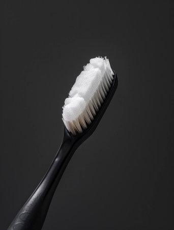 Black toothbrush with white toothpaste, set against a dark background, symbolizes dental hygiene and personal care for everyday useの素材