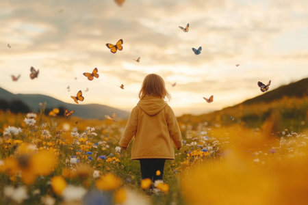 A young child in a yellow hoodie stands in a vibrant flower field, surrounded by butterflies at sunset, evoking joy, innocence, and nature s beautyの素材
