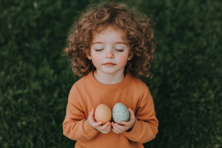 Young child with curly hair holding eggs outdoors, expressing joy while wearing an orange sweater on a green lawn, perfect for Easter or seasonal celebrationsの素材