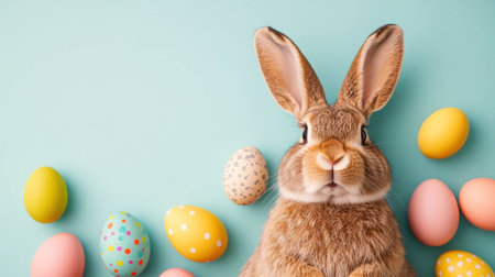 Cute brown rabbit surrounded by colorful Easter eggs on a light blue background, perfect for seasonal decorations and festive themesの素材