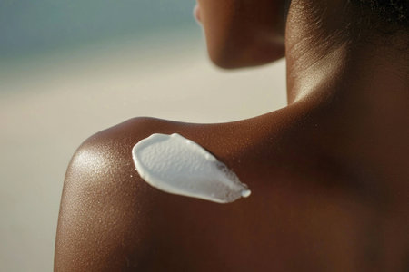 A close up of a woman s shoulder with a sunscreen application on her skin, showcasing healthy skincare practices for sun protection at the beachの素材