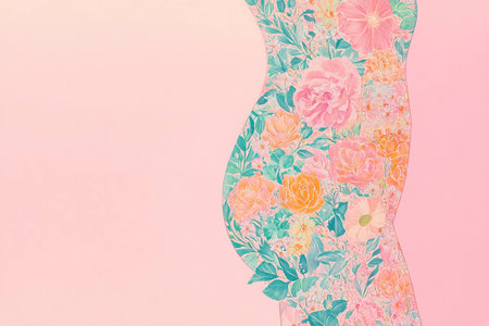 Beautiful floral silhouette of a pregnant woman against a soft pink background, representing motherhood, femininity, and new beginnings with vibrant colors and intricate detailsの素材
