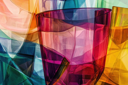 Colorful transparent glasses on a vibrant abstract background showcasing bright hues and dynamic shapes for a lively dining experienceの素材