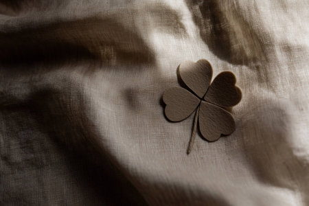 Beige textured fabric with a wooden four leaf clover on it, symbolizing luck and serenity, creating a calm and earthy aestheticの素材