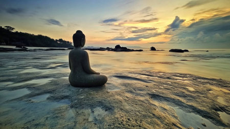 Serene Buddha statue silhouette at twilight on a rocky beach, evoking peace and tranquility in beautiful natural surroundings, perfect for relaxation conceptsの素材