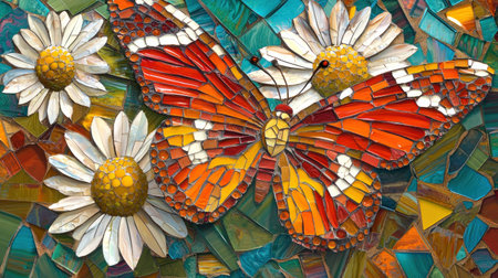 Vibrant mosaic butterfly among colorful daisies, showcasing intricate details and bright colors that evoke feelings of spring and transformationの素材