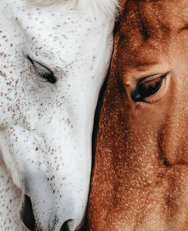 Close up of two horses, one white and one brown, showcasing their gentle connection, rich textures, and harmonious emotions in a serene natural settingの素材