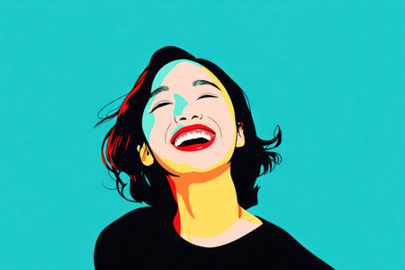 Vibrant portrait of a joyful woman with long hair, radiating happiness against a bright turquoise background showcasing a cheerful expression and lively colorsの素材