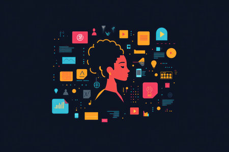Profile portrait of a thoughtful Black woman surrounded by colorful digital icons representing technology and data analysis, emphasizing innovation and modernityの素材