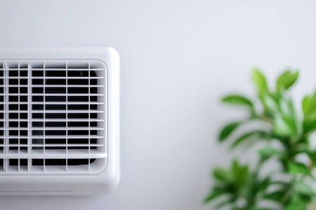 Modern air conditioning unit on a clean white wall with green plant, representing comfort and freshness in a summer home environmentの素材