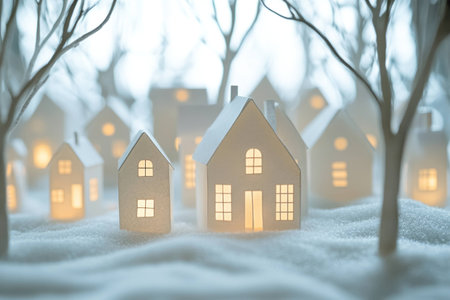 Cozy winter village scene with illuminated paper houses surrounded by snowy trees, evoking warmth and holiday spiritの素材