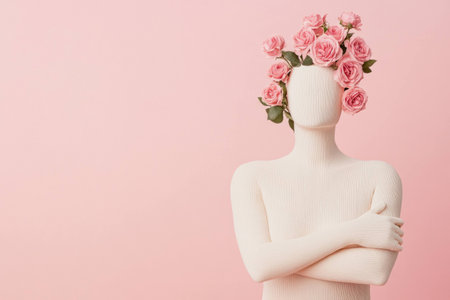 Abstract mannequin with flowers in pink background, symbolizing beauty and tranquility in creative art and fashion concepts, ideal for marketingの素材