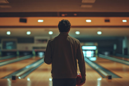 A man in casual attire holding a bowling ball, looking down the bowling lane, conveying determination and focus in a dimly lit bowling alley atmosphereの素材